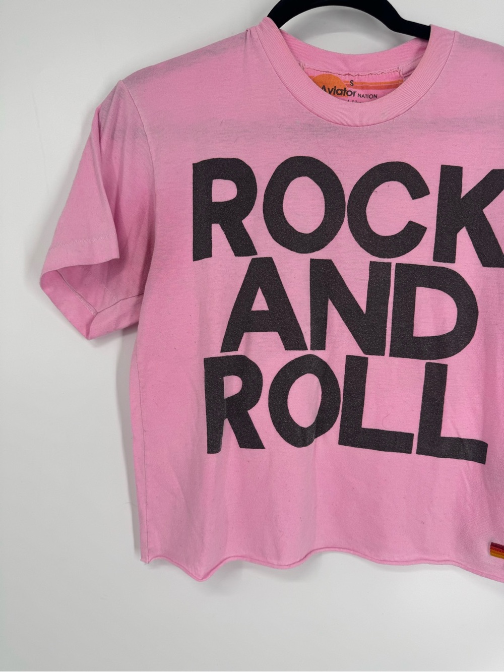 Aviator Nation Rock and Roll Boyfriend Tee Neon Pink & Black Crew Neck Boxy Sz S - Picture 4 of 10